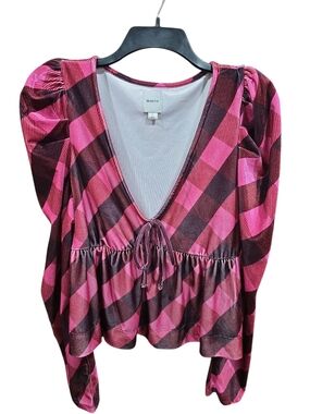 Maeve Pink & Burgundy Plaid V-Neck Tie-Front Blouse